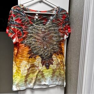 Beaded Coral/Yellow Knit Top - Size XL - EUC